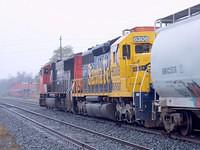 CN 5721 on 385 leads Santa Fe 6308 wb through Ingersoll Ontario 11-2-04