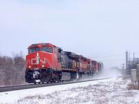 CN 2530 leads WC 7518 wb through Ingersoll Ontario 1-8-05