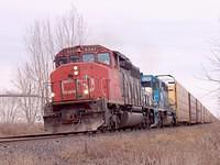 CN 5347 leads EM 6345 on 217 through Ingersoll Ontario 1-13-05