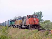 CN 5361 leads UP 9578 and CEFX 7120 eb Woodstock Ontario Mile 48.0 Dundas sub 8-17-04