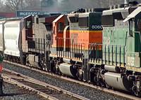 BNSF 8060 follows BNSF 7846 and leads CN 2590 on 390 Ingersoll Ontario 1-22-06