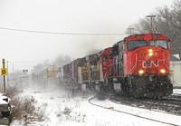 CN 5614 leads CN 5385 and UP 5385 through Ingersoll Ontario 1-28-07