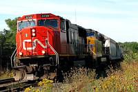 CN 398 with 5729 leads UP 5316 into Woodstock Ontario 9-11-08