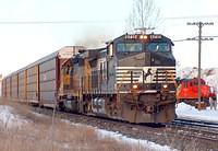 CN 393 with NS 9715 and BNSF 6949 blasts through Ingersoll Ontario 03-04-06