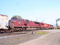 CN 6014 leads CP 8538 and CEFX 123  into Woodstock 6/30/04