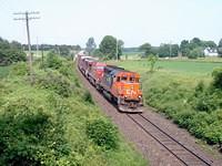 CN 6014 leads CP 8538 and CEFX 123 across highway #59 into Woodstock 6/30/04