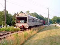 CP 8218 leads the Tech train wb on the St Thomas sub, Ingersoll Mile 9.8 7/21/04