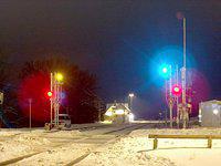 VIA Ingersoll Ontario. View showing how bright the new LED signal lights are, heavy snow the day before 1/12/04