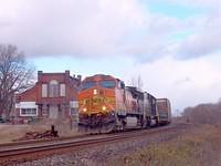 BNSF 4535 leads NS 6636 on 327 through Ingersoll 11-25-04