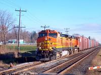 BNSF 4813 & 5491, a matched pair of C44-9W on 327 Ingersoll Ontario 11-12-04