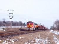 BNSF 723 leads 6912 through Ingersoll Ontario on 327 12-16-04