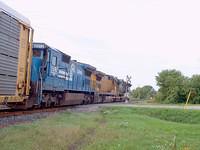 NS 9718 leads a UP unit and Conrail 8312 through Ingersoll on 327 9-8-04