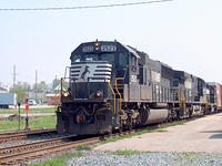 NS 2523 leads 9424 and a freshly painted 5558 on 327 through Ingersoll 5/13/04