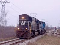 NS 2526 leads Conrail 8424 back to St Thomas after dropping 36 cars at Talbotville Ontario 12-4-04
