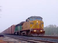 UP 9685 C44-9w leads CEFX 7120 SD-40 on 327 through Ingersoll 10-20-04