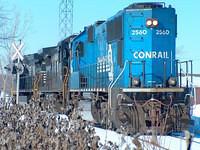 Conrail 2560 leads a the units return from CN Talbotville in St Thomas 1-28-05