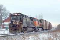 NS 8732 leads a BNSF unit on 327 through Ingersoll Ontario 11-27-05