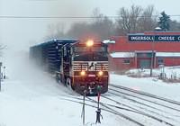 NS 9238 leads 328 through the snow in Ingersoll Ontario