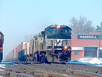 NS 328 with 9548 & 9952, 4 hoppers, 30 boxcars Ingersoll Ontario Time 07:48 3-5-05