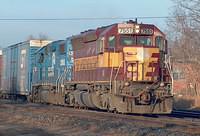 WC 7551 SD45 leads Conrail 5536 GP38-2 on 328 Ingersoll Ontario Time 07:12 3-29-05